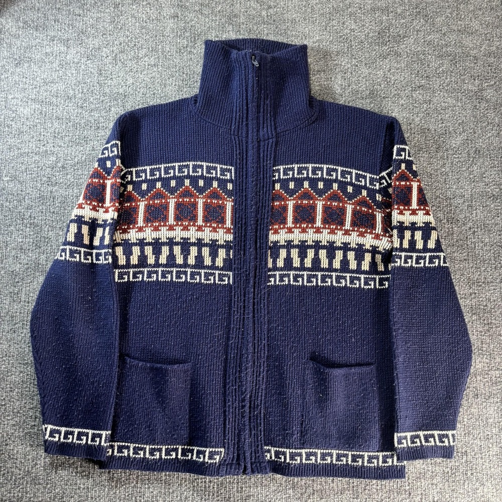 Vintage Montgomery Ward Sweater Mens Large‎ Blue Fair Isle Knit Full Zip Pockets
